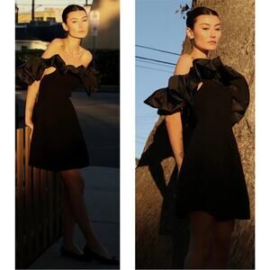 AJE Eldora Off the Shoulder Ruffle Hem Flounce Black Mini Dress Size Large